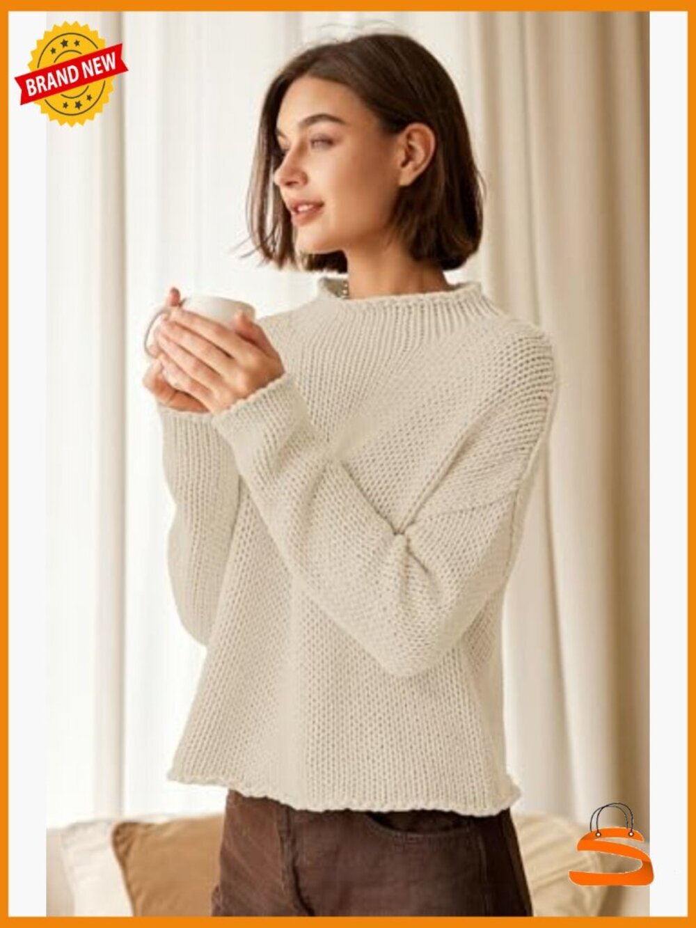 Oversized Cropped Chunky Knit Sweater Long Sleeve Mock Neck Pullover - Picture 6 of 7